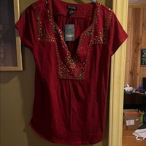 NWT Lucky Brand Red Embroidered Blouse